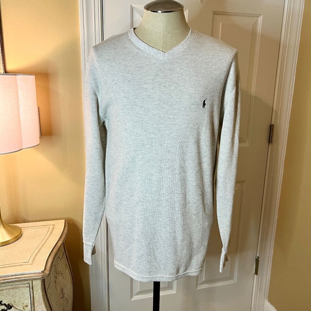 NWOT Men's Polo Ralph Lauren Waffle Knit V-Neck T-Shirt Oatmeal Tan Gray LARGE